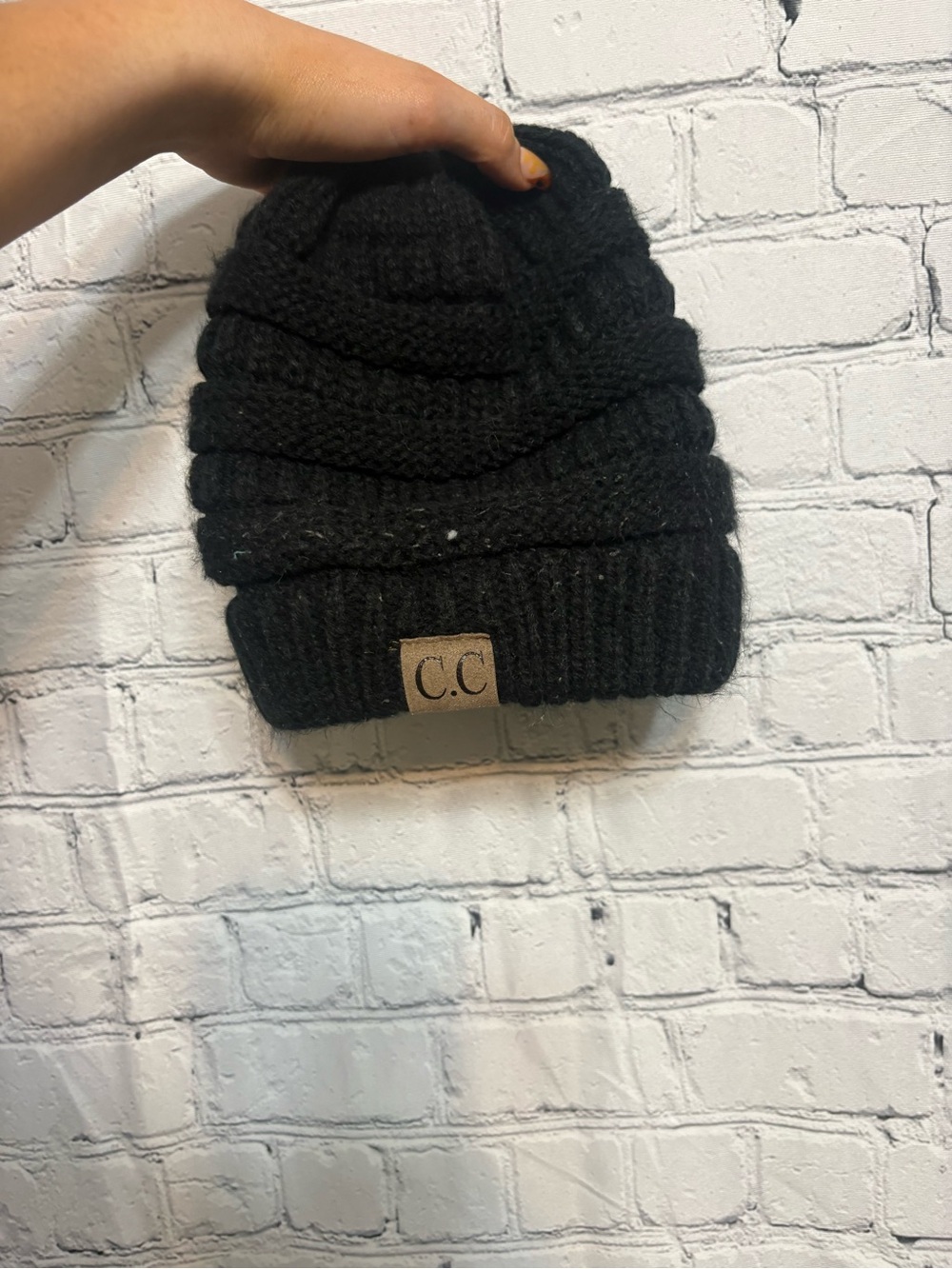 C.C Kids Black Ribbed Knit Beanie with Logo Patch